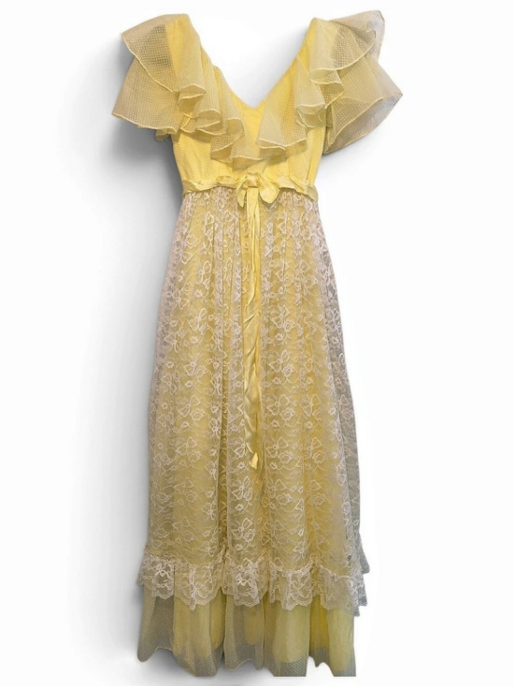 Vintage 70s Yellow Lace Ruffle Maxi Dress XS Cottagecore Prairie Gunne Sax Style
